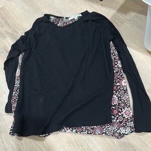 Small LOFT black pink floral Mixed Media Cotton Pullover top shirt